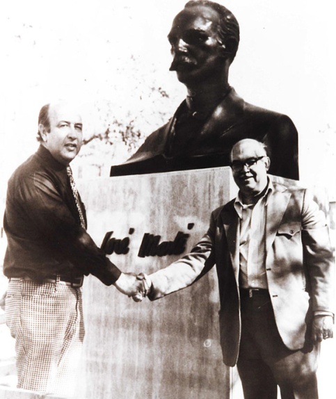 Civil engineer Carlos Sebastian Lorente, and Sergio López-Mesa installing José Martí Monument, 1976. | Cuban California Archive USC Libraries Special Collections.